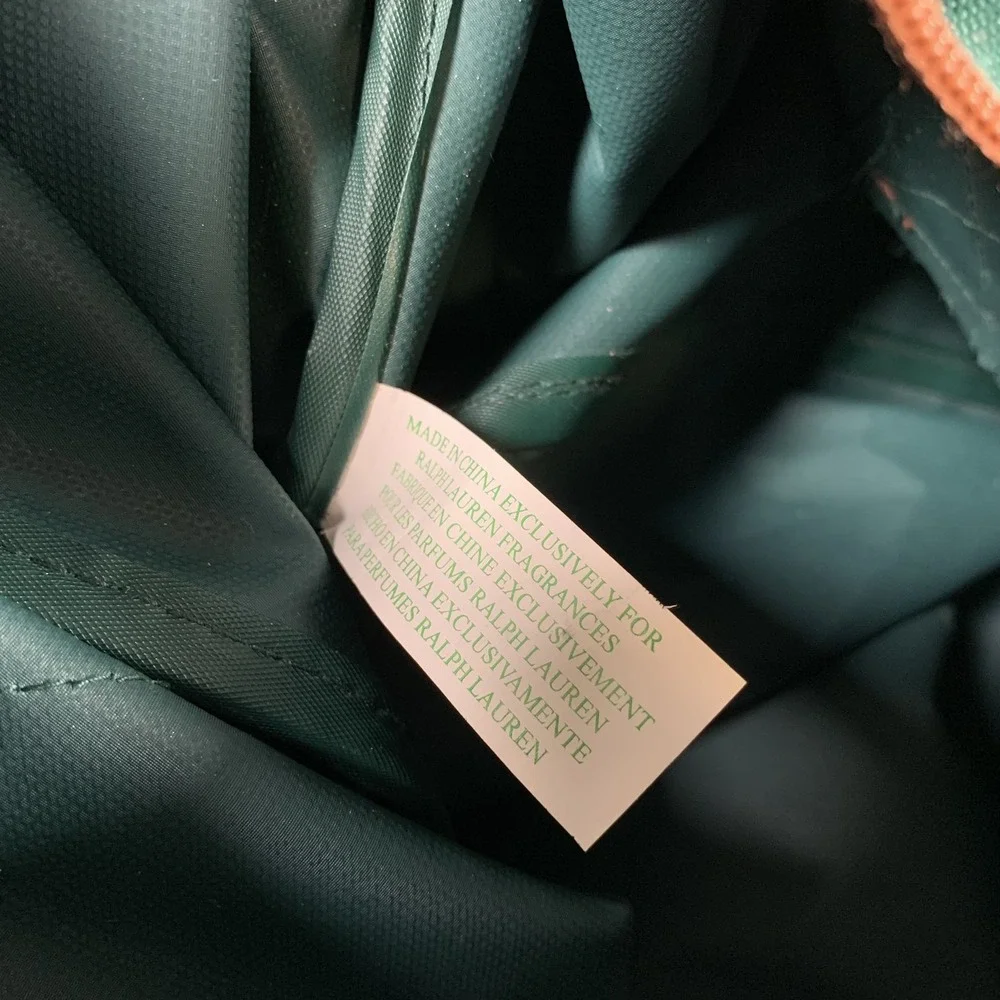Vintage Ralph Lauren Polo Perfume Duffel Bag Green Brown Canvas Shoulder‎ Strap